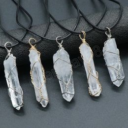 Natural Clear Quartz Pendant Necklace Wire Wrap Long Irregular Raw White Crystal Pillar Pendulum Women Choker Healing