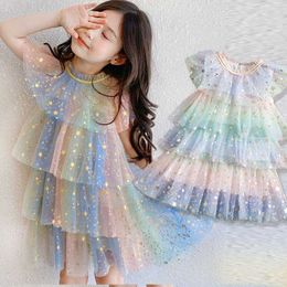 Girl's Dresses 2022 Girls New Children's Clothing Fashion Rainbow Color Cake Tutu Skirt Sequined Pentagram Y2303