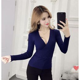 Women's Sweaters 2023 Sexy Deep V-Neck Ladies Sweater Pullover Casual Slim Bottoming Female Elastic Cotton Long Sleeve Tops