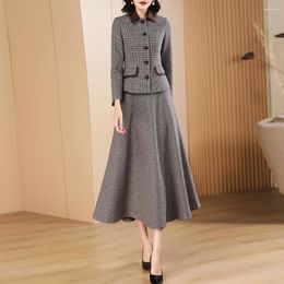 Work Dresses Women Wool Blends Set Spring Autumn Elegant Fashion Grey Plaid Slim Woollen Coat And A-Line Skirt Two-pieces Sets Winter