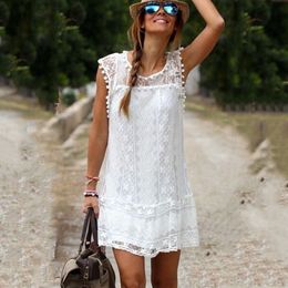 Women's Swimwear Summer Sexy Sleeveless White Lace Women Elegant Pom Trim Floral Hollow Out Mini Short Dress 220325