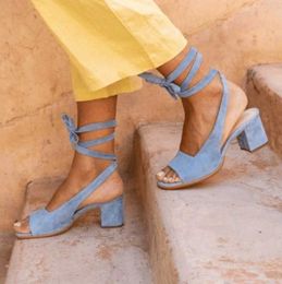 Sandals Block Heels for Women High Heel Sexy Fish Mouth Fashion Sandals 2021 Summer Footwear Cross Straps Suede Women's Shoes Pumps Blue Z0325