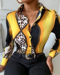 Women's Blouses Cheetah Print Colorblock Buttoned Long Sleeve Shirt Europe & America Fashion Daily Work Office Lady Casual Sexy Shirts