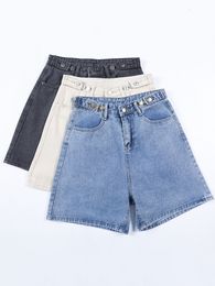 Women's Shorts Ailegogo Summer Women Button Wigh Leg Jeans Shorts Casual Female High Waist Loose Fit Blue Denim Shorts 230325