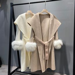 Women's Wool Women's & Blends Autumn Winter 2023 Elegant Woollen Fur Double Breasted Long Coat Female Cape Coats