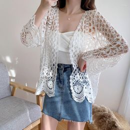 Women's Blouses Korean Vintage Lace Blouse Women Cardigan Long Sleeve Hollow Out Floral Crochet Beige White Shirt 2023 Summer Tops