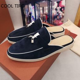 Sandals Metal Lock Half Slippers Woman Mules Suede Flat Shoes Summer Walk Loafers Backless Round Toe Trendy Slides Open Back 230325