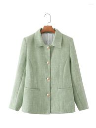 Women's Jackets YENKYE Fashion Women Vintage Green Tweed Jacket Single Breasted Long Sleeve Female Autumn Outerwear Chic Tops