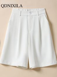 Women's Shorts White Suit Shorts Women High Waist Button Pockets Straight Shorts Ladies Summer Office Loose Knee Pants Shorts for Women 230325