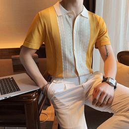 Men's Polos Summer Men Short-sleeved Knitted Polo Blouse Cardigan Vintage Slim Stretch Tshirts Top Business Casual Male Shirts Clothing 230325