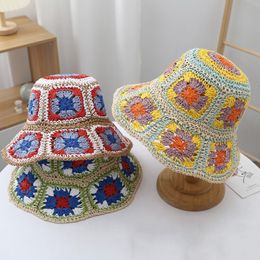 Stingy Brim Hats Japan Korea Crochet Beach Sun Women Summer Flowers Pure Handwoven Straw Sunshade Fisherman Breathable Bucket 230325