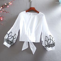 Women's Blouses Embroidery Lantern Sleeved Women Blouse Solid Summer 2023 O-Neck Slim Bow Back Bandage Female Pulls Tops