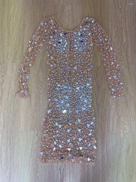 Stage Wear Nude Shining Rhinestones Mirror Sequins Pearls Sexy Jumpsuit Sheath Dress For Women Nightclub Party Cloth