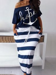 Women's Plus Size Pants LW Two Piece Letter Print Striped Skirt Set Fashion Casual Oblique Bateau Collar Summer TopsBottoms Matching Outfits 230324
