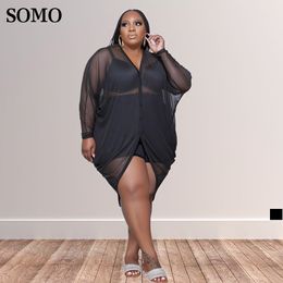 Plus size Dresses Size Clothing Dress for Fat Women Black See Through Long Sleeve Sexy Irregular Midi Wholesale Drop 230325