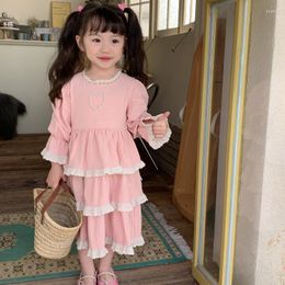 Girl Dresses Korean Girls Pink Long Sleeve Layered Princess Dress For Kids Boutique Lace Tutu Birthday Party Children Cotton Clothes