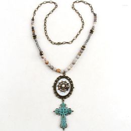 Pendant Necklaces Dropship Fashion Jewellery Amazonite Natural Stone & Glass Crystal Long Chain Cross For Women Ethnic Necklace