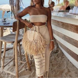 Women's Swimwear Women Summer Beach Dress Bathing wear Cover Up Lace Crochet Two Piece Bikini Suit 220325