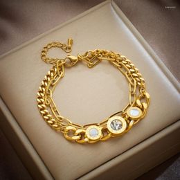 Anklets 316L Stainless Steel Fashion Jewelry 2-layer Roman Round Shell Zircon Charm Chain Bracelet For Women