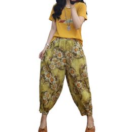 Women's Pants & Capris FairyNatural Korean Fashion Women Elastic Waist Flowers Harem Trousers Female Print Yellow Pantalons Cotton Linen