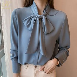 Skirts H Han Queen Spring Autumn Simple Office Lady Blouse Female Shirt Bow Tops Long Sleeve Casual Korean OL Style Loose Blouse 230325