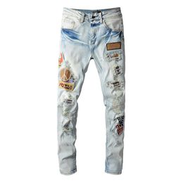 New Men's Jeans Classic Skinny AM Jeans Designer High Quality Printed Destruction Men street motorcycle Ripped Black And Blue Mens Jean