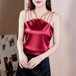 Women's Tanks Summer Korean Fashion Satin Tank Top Women Sleeveless Slight Strech Greem Tops Silk Clothes Sexy Halter