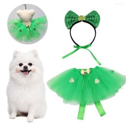 Dog Apparel 2Pcs/Set Pet Princess Dress Bow-knot Headdress Irish Festival Green Colour Cosplay Mesh Skirt Puppy Costume