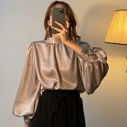 Women's Blouses Shirts Satin Blouse Long Lantern Sleeve Office Chic Ladies Shirt White Korean Fashion Clothing Black Spring Blouse Top Chemise 230325