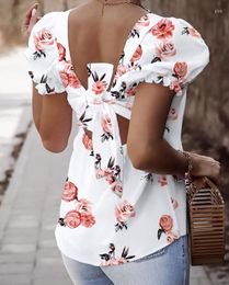 Women's Polos 2023 Summer Women's Shirt Fashion High Street Square Neck Hollow-Out Knot Back Bubble Sleeve Floral Print Blouse