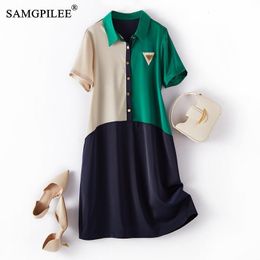 Ethnic Clothing Elegant Women's Dresses For Party Colorblock Turn Down Collar Single Breasted Draped Short Sleeve A line Dress Woman 230324