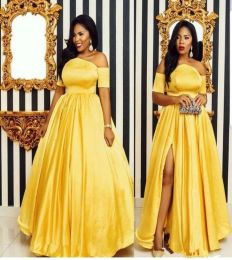 Gold Prom 2023 Dresses Short Sleeves Off The Shoulder A Line Side Split Floor Length Satin Custom Made Ruched Evening Party Gowns Vestidos Plus Size