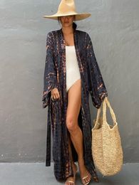 Women's Swimwear Bikini Cover Up Tie Dye Printed Swimsuit Cape Pareo Bohemian Beach Kimono Dresses Self Belted Bathing Suits Drop 220325