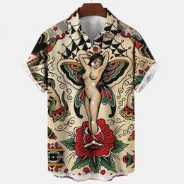 Men's Casual Shirts Mermaid Retro Art 3d Digital Print Pattern Hawaiian Man Street Short Sleeve Top Loose For Men 230325