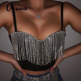 Women's T-Shirt CNYISHE Fashion Sexy Clubwear Diamond Tassel Crop Tops Sleeveless T Shirts Sexy Slim Lady Bralette Tops Strap Skinny Female Tee 230325