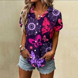 Women's Blouses Womens V Neck T Shirts Loose Fit Spring Summer Flower Printed Short 4th For Women Non Transparent Pack