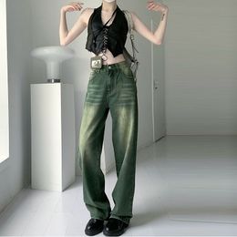 Women's Jeans Women's Bottoms Green Wide Leg Jeans Fashion High Waist Washed Straight Pants Vintage Street Baggy Denim Trouser Ladies Summer 230325