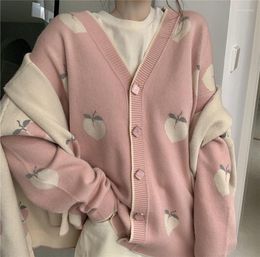 Women's Knits Sweater Cardigan 2023 Women Korean Sweet Long Sleeve Coat Cute Pink Cardigans Indie Strawberry Knitted Oversized Jacket