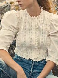 Women's Blouses 2023 Summer O-neck Lace Trim Blouse Lady Ruffle Retro Hollow Out Elegant Half Sleeve Shirt And Tops