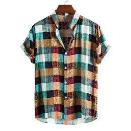 Men's Casual Shirts Men Clothing Summer Fashion Trend Colour Plaid Print Stand-up Collar Short-sleeved Shirt Camisas Para Hombre 230325