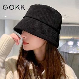 Wide Brim Hats COKK Bucket Hat Women Winter Autumn Solid Color Cotton Striped Fisherman Cap Outdoor Simple Korean Casual Sunshade Women Hat New P230311