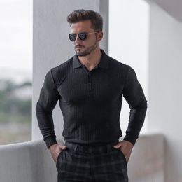 Men's Polos Autumn Clothing Gym Knitted Long Sleeve Polo Shirt Men Fitness Workout Skinny T-shirt Male Bodybuilding Tee Shirt Sports Polos 230325