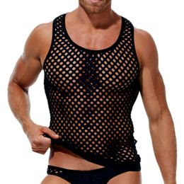 Men's Tank Tops Men Fashion Loose O Neck Sleeveless Vest Shirt Casual See Through Nightclub Tees Sexy Hollow Out Mesh Knit Fish Net 230324