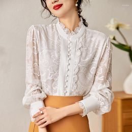 Women's Blouses Real Silk Women's White Shirt Vintage Long Sleeve Elegant Shirts For Women Embroidery Solid Woman Blouse Loose Tops