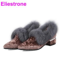 Dress Shoes Brand Winter Sales Pink Brown Women Casual Pumps Lady Furry Med Chunky Heels YP182 Plus Big Small Size 10 32 43 45 48