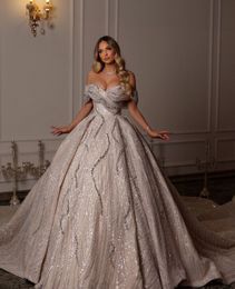 Sparkly Ball Gown Wedding Dresses Sleeveless V Neck Sequins Appliques Ruffles Off Shoulder Bridal Gowns Zipper Formal Dress Plus Size Custom Made Vestido de novia