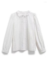 Women's Blouses Women Shirt 2023 Early Autumn Three-dimensional Embroidery Hollow Ruffle Collar Cotton White