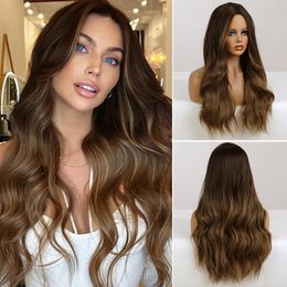 Synthetic Wigs Long Wavy Brown Ombre Middle Part Natural Hair Wig For Women Daily Party Cosplay Heat Resistant Fiber 230324