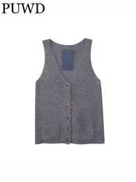 Women's Knits Tees PUWD Women With Pockets Singlebreasted Knit Cardigans 2023 Summer Fashion Ladies V Neck Sleeveless Female Chic Tops 230324