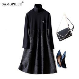 Ethnic Clothing Elegant Dresses For Women Light Luxury Hepburn Style Winter Turtleneck Sweater Knitted Patchwork Female Casual Women's 230324